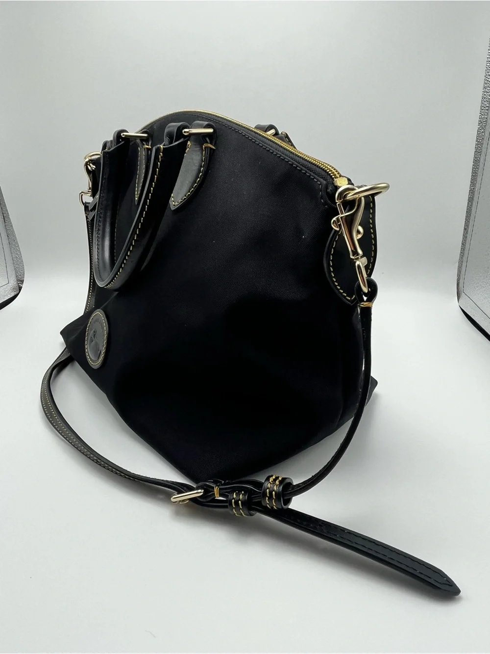 Dooney & Bourke Black Nylon Satchel with Yellow Contrast Stitching Red Lining
